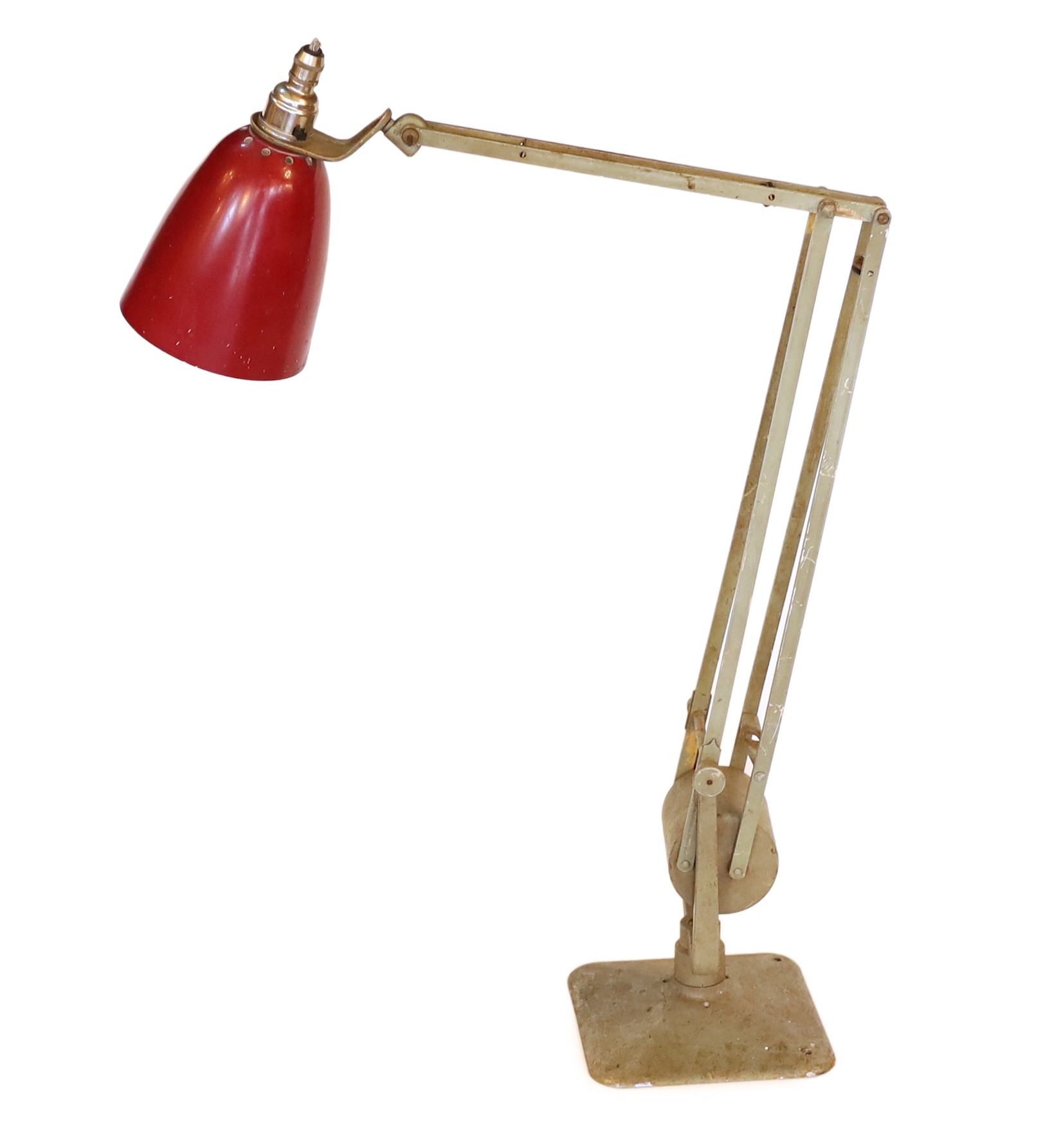 A 1950s Hardil Horstmann grey painted anglepoise lamp with red metal shade, height 52cm